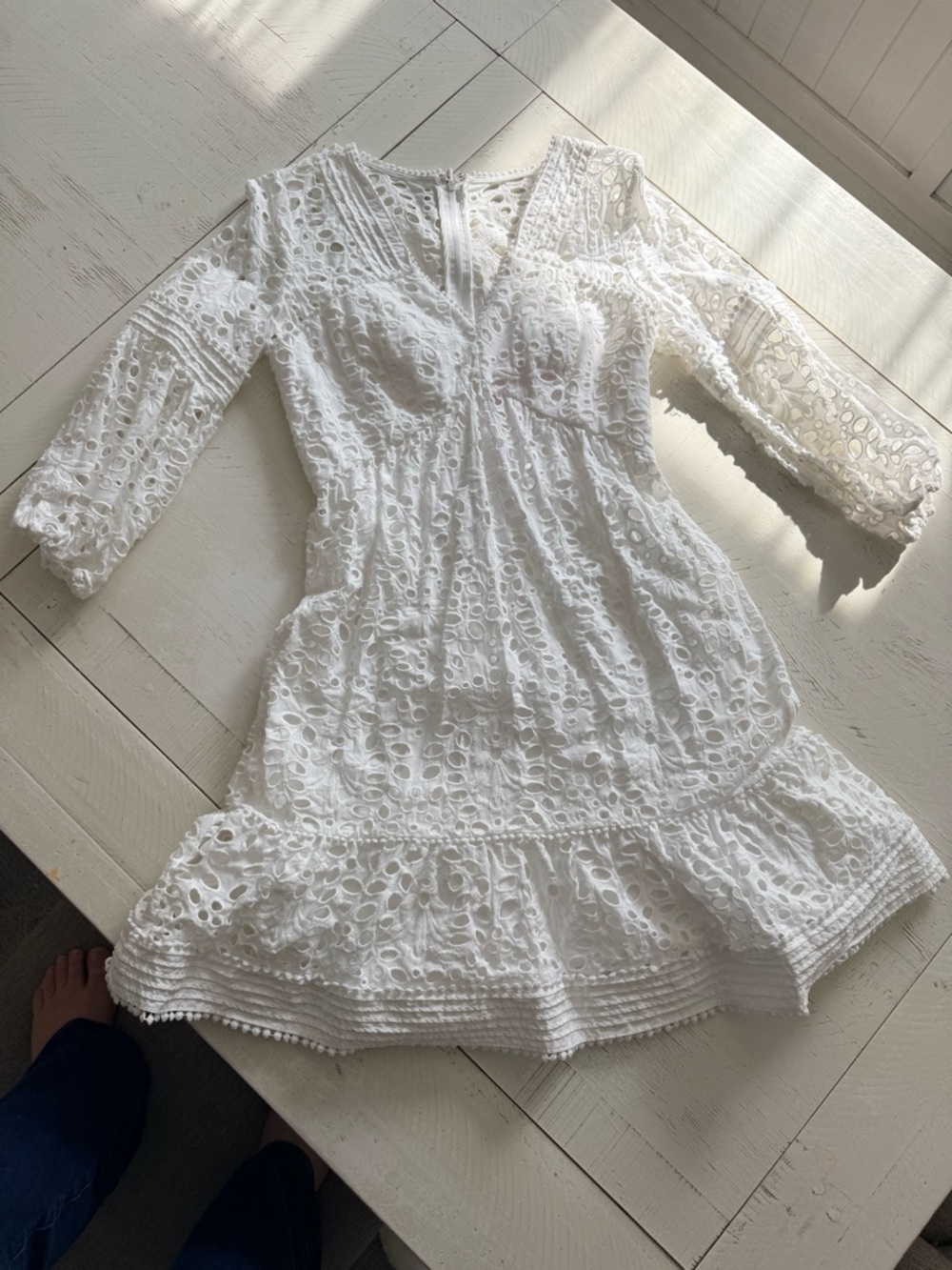 White Eyelet Lace V-Neck Women's Dress